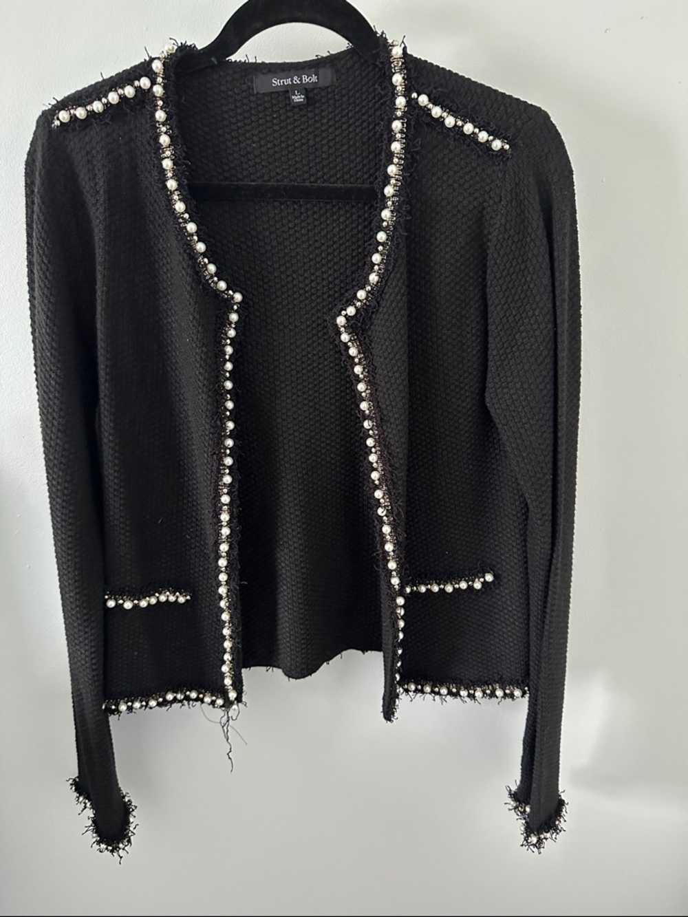 Strut & Bolt Black Pearl-Trim Knit Cardigan Sweater